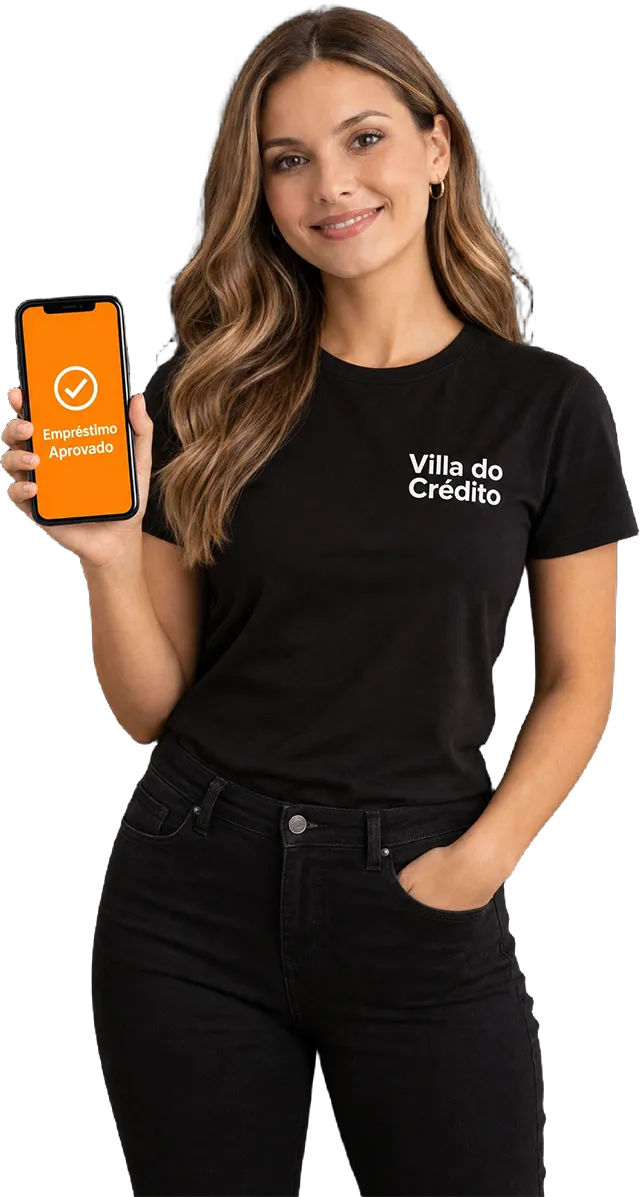 Atendente certificada de empréstimo consignado CLT, com camiseta Villa do Crédito